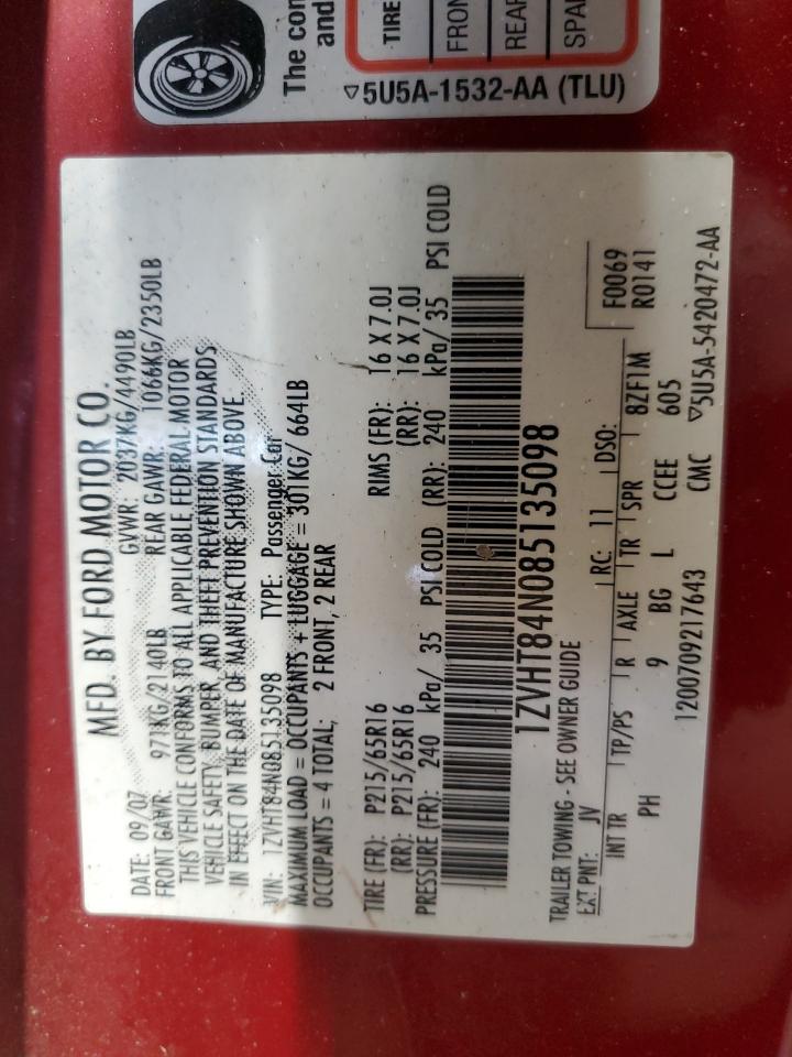 2008 Ford Mustang VIN: 1ZVHT84N085135098 Lot: 89705315