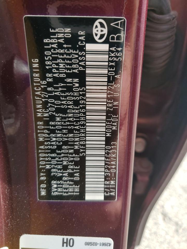 2017 Toyota Corolla L VIN: 5YFBURHE9HP619215 Lot: 85733945