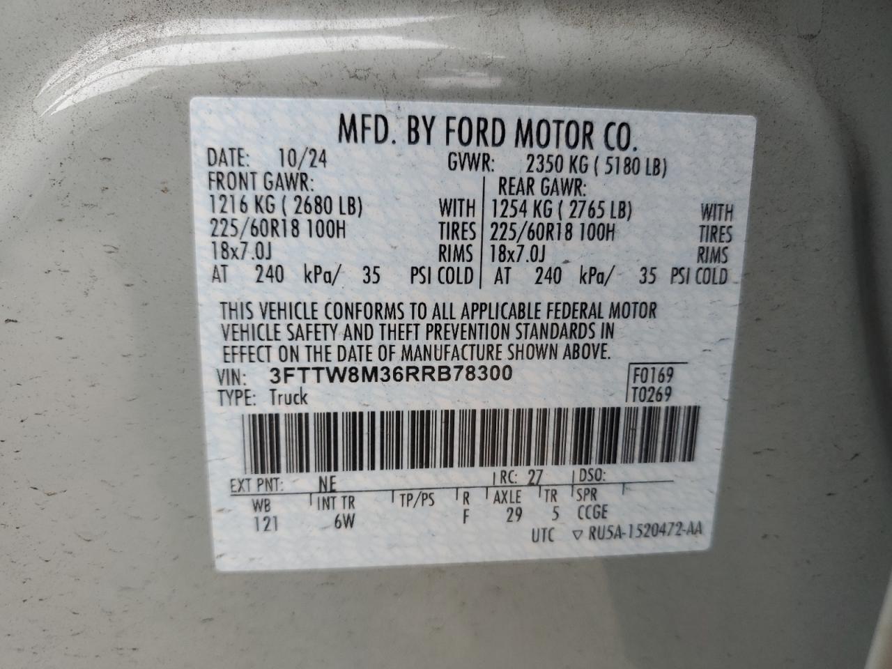 2024 Ford Maverick Lariat VIN: 3FTTW8M36RRB78300 Lot: 90603555