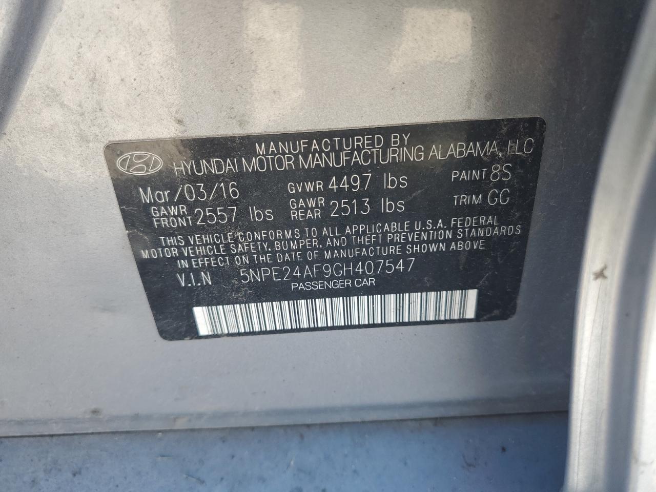 2016 Hyundai Sonata Se VIN: 5NPE24AF9GH407547 Lot: 82427135