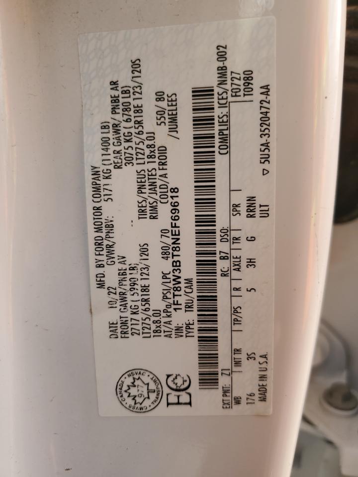 2022 Ford F350 Super Duty VIN: 1FT8W3BT8NEF69618 Lot: 84791385