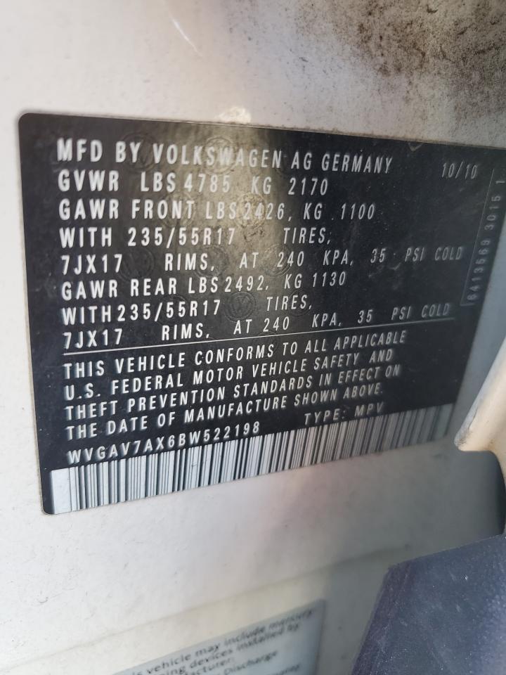 2011 Volkswagen Tiguan S VIN: WVGAV7AX6BW522198 Lot: 82470395