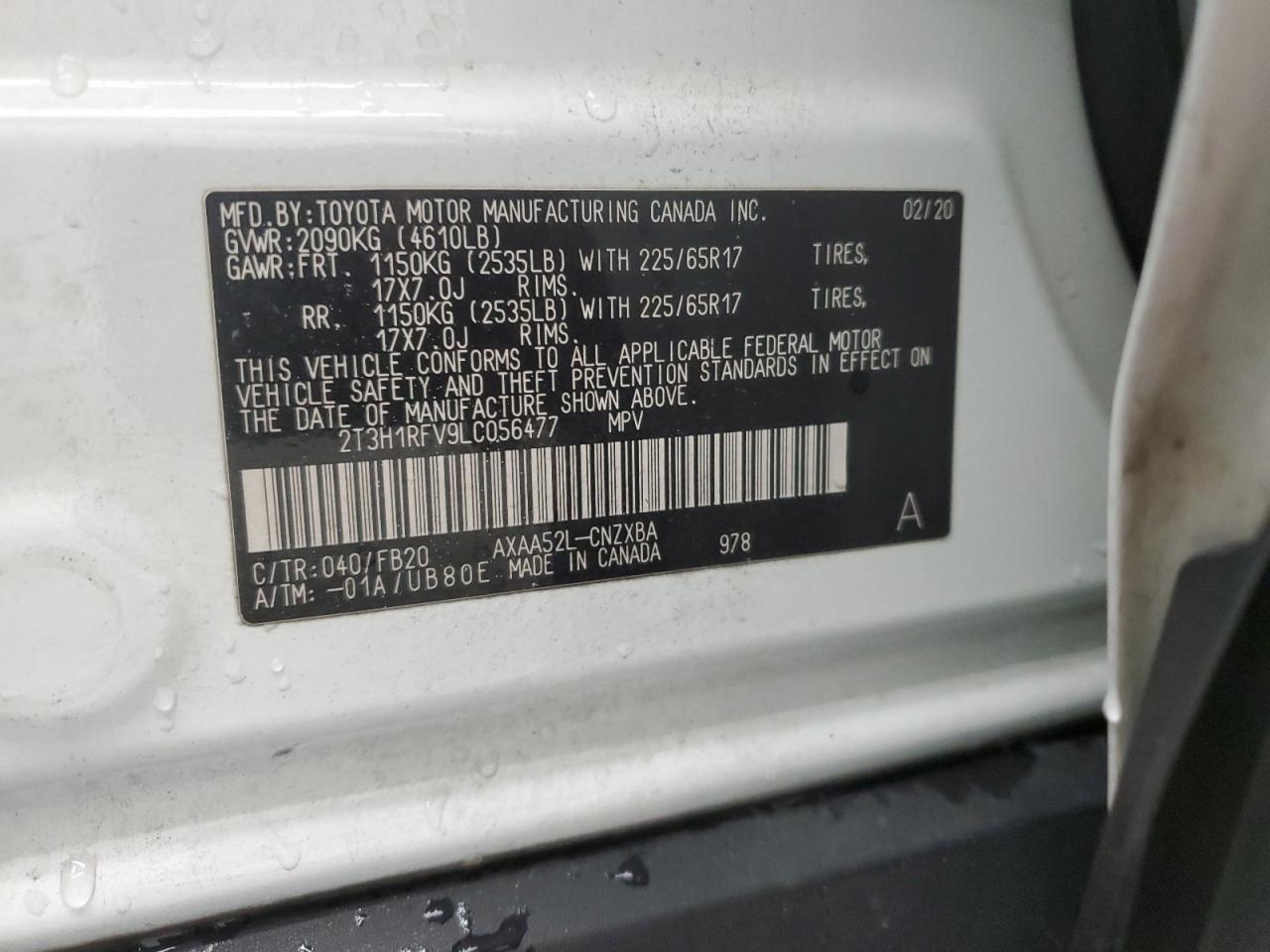 2020 Toyota Rav4 Le VIN: 2T3H1RFV9LC056477 Lot: 86640115