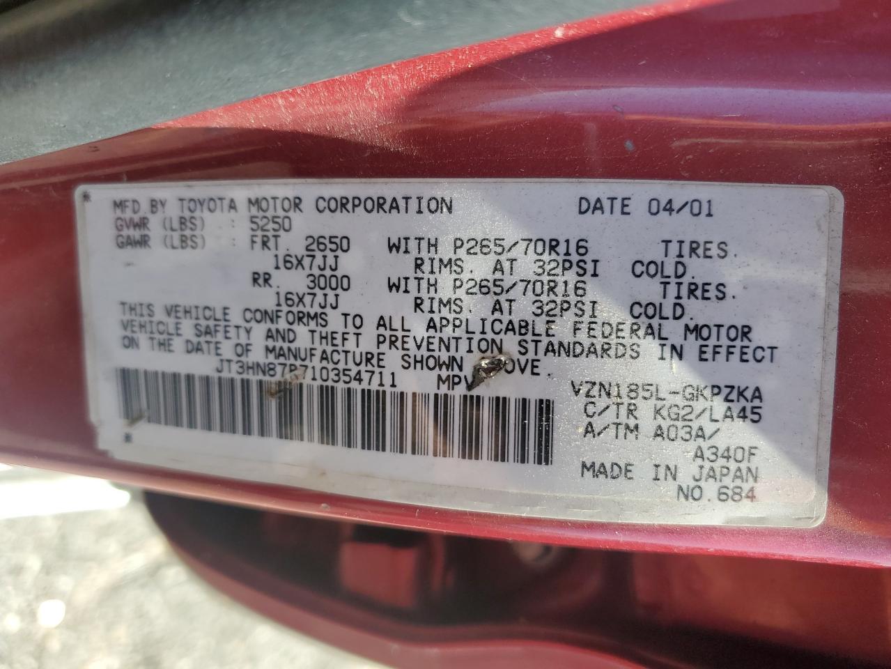 2001 Toyota 4Runner Limited VIN: JT3HN87R710354711 Lot: 85268035