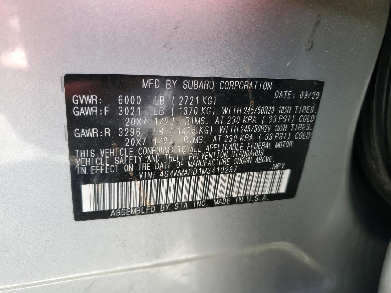 2021 Subaru Ascent Touring VIN: 4S4WMARD1M3410297 Lot: 84993385