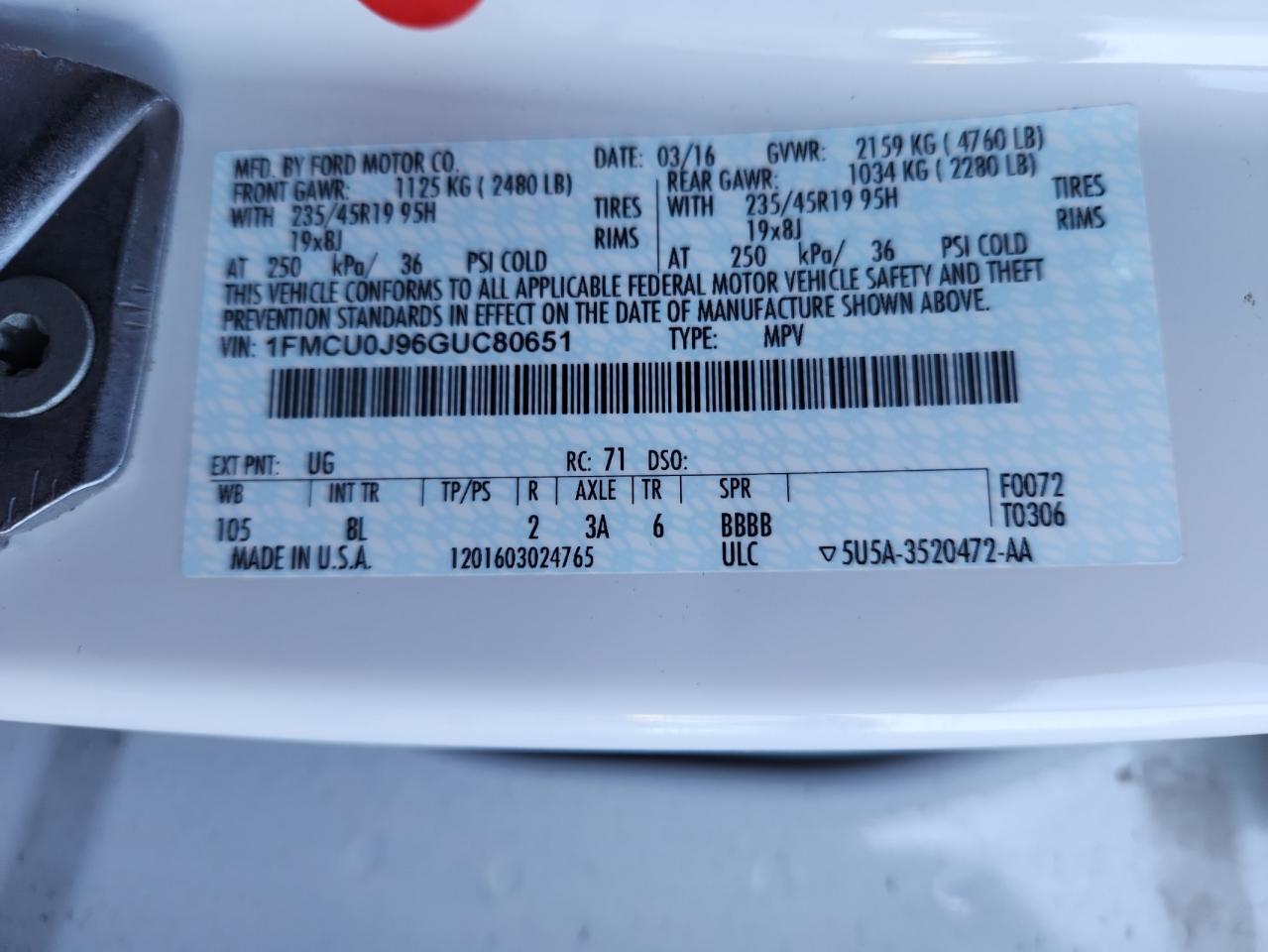 2016 Ford Escape Titanium VIN: 1FMCU0J96GUC80651 Lot: 82005795