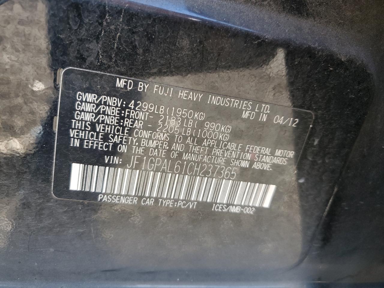 2012 Subaru Impreza Sport Premium VIN: JF1GPAL61CH237365 Lot: 82426945