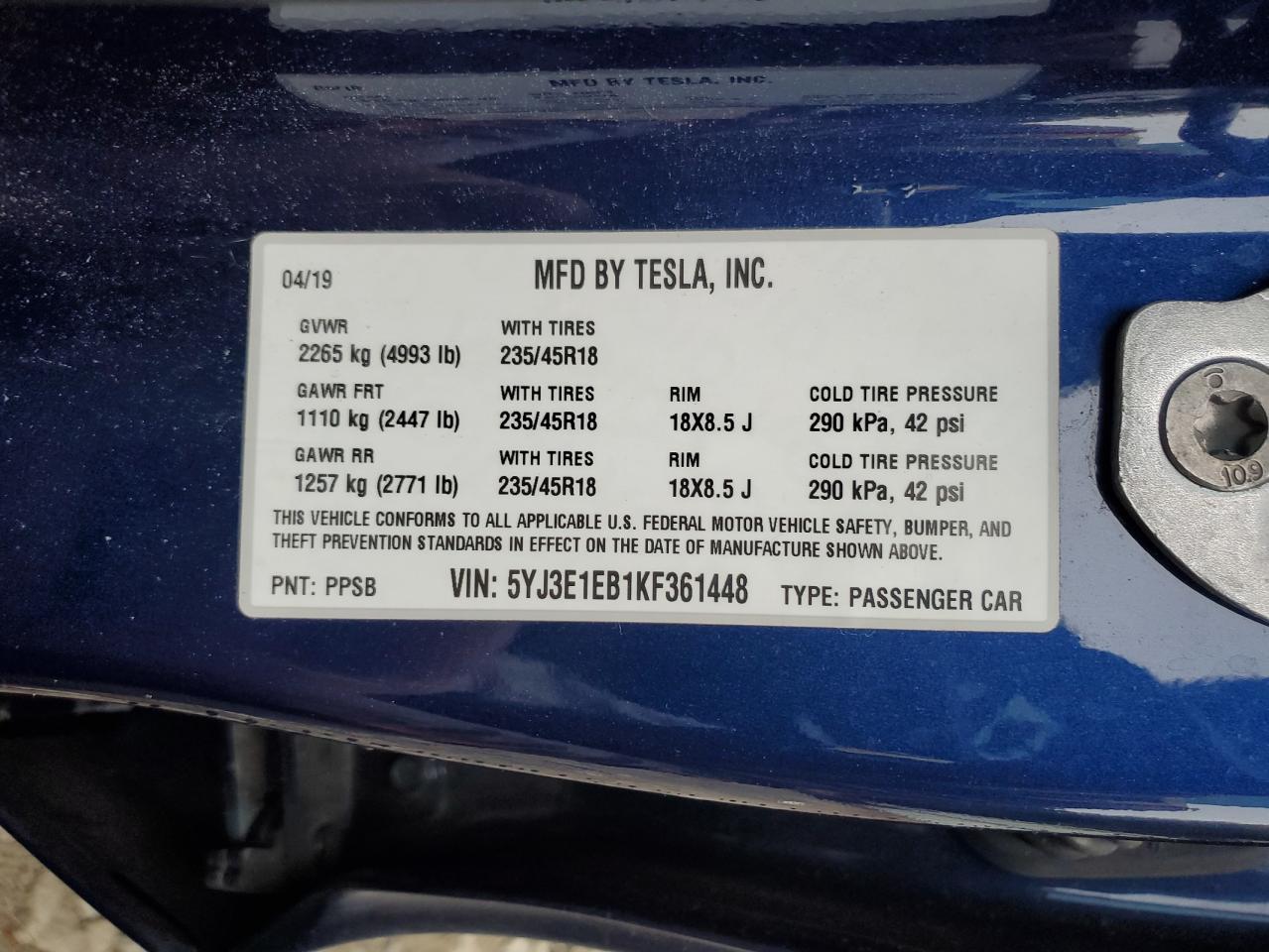 2019 Tesla Model 3 VIN: 5YJ3E1EB1KF361448 Lot: 85182345