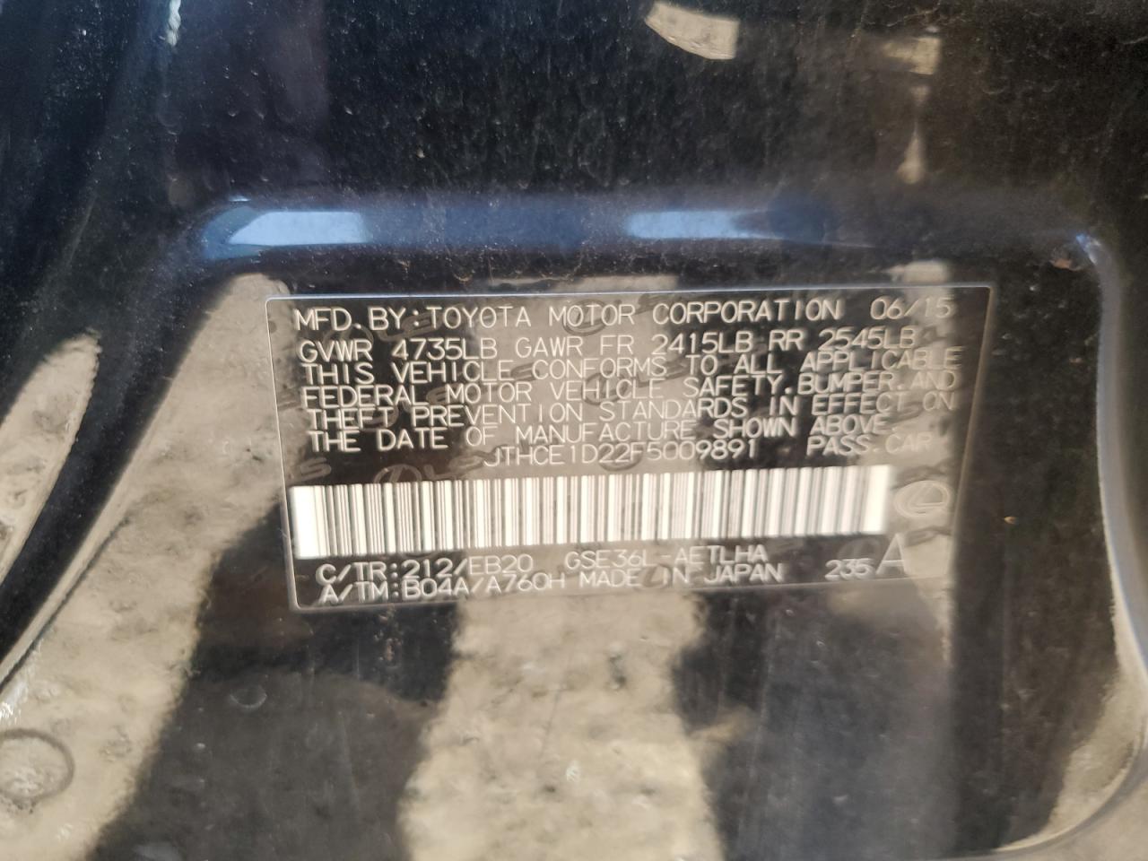 2015 Lexus Is 350 VIN: JTHCE1D22F5009891 Lot: 82366485