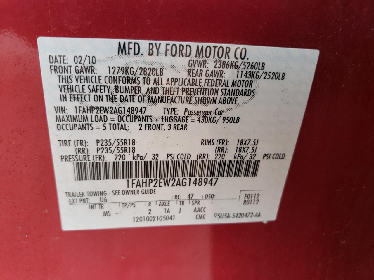 2010 Ford Taurus Sel VIN: 1FAHP2EW2AG148947 Lot: 82668565