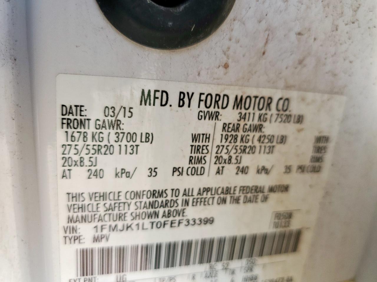 2015 Ford Expedition El Platinum VIN: 1FMJK1LT0FEF33399 Lot: 84926325