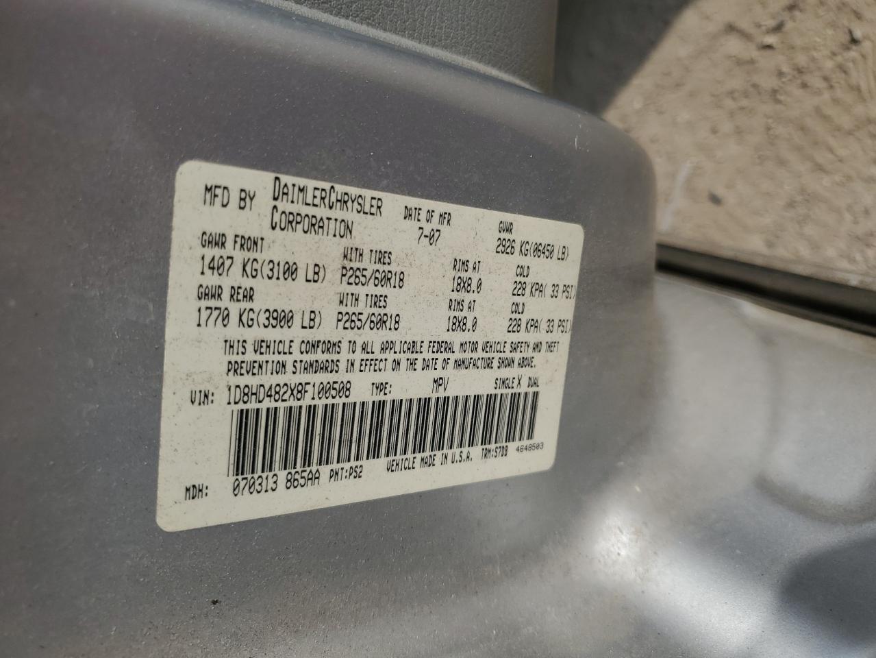 2008 Dodge Durango Slt VIN: 1D8HD482X8F100508 Lot: 87426635