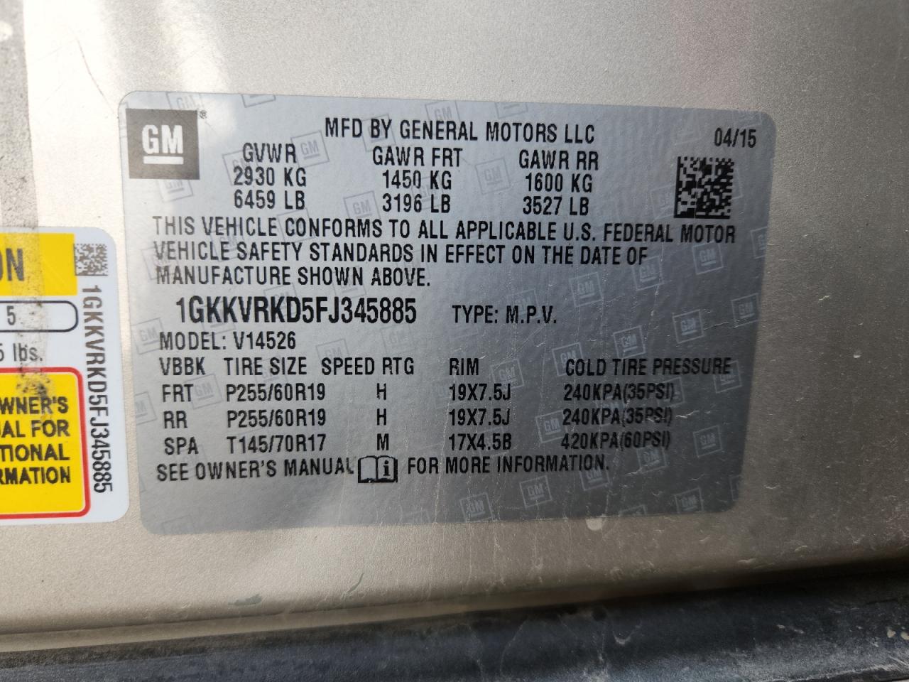 2015 GMC Acadia Slt-1 VIN: 1GKKVRKD5FJ345885 Lot: 82743025