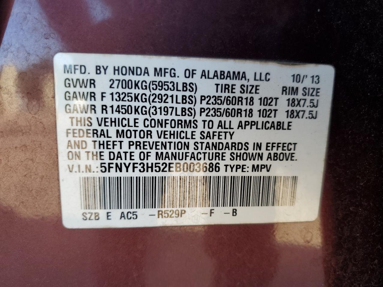 2014 Honda Pilot Exl VIN: 5FNYF3H52EB003686 Lot: 85011445