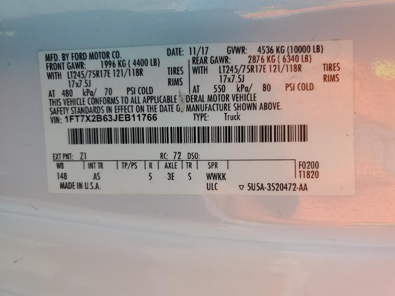 2018 Ford F250 Super Duty VIN: 1FT7X2B63JEB11766 Lot: 85009805