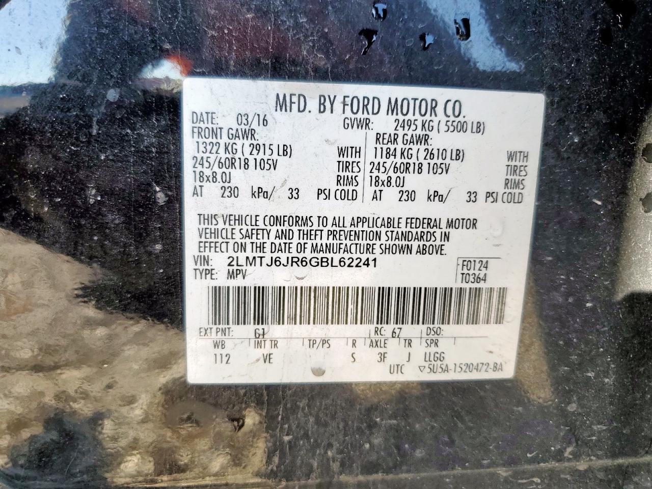 2016 Lincoln Mkx Premiere VIN: 2LMTJ6JR6GBL62241 Lot: 85888515