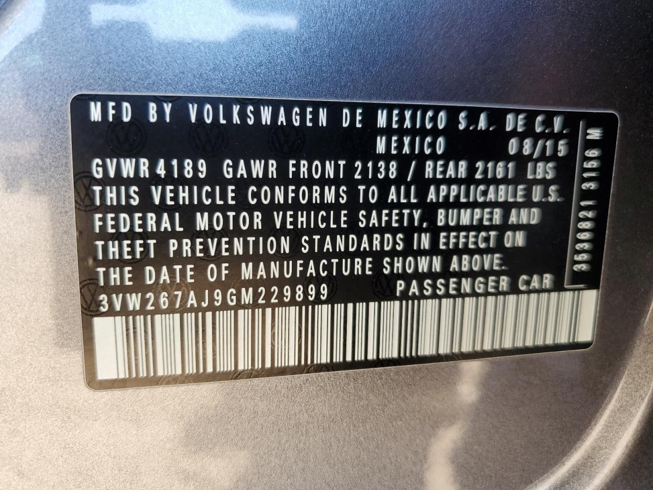 2016 Volkswagen Jetta S VIN: 3VW267AJ9GM229899 Lot: 84523555