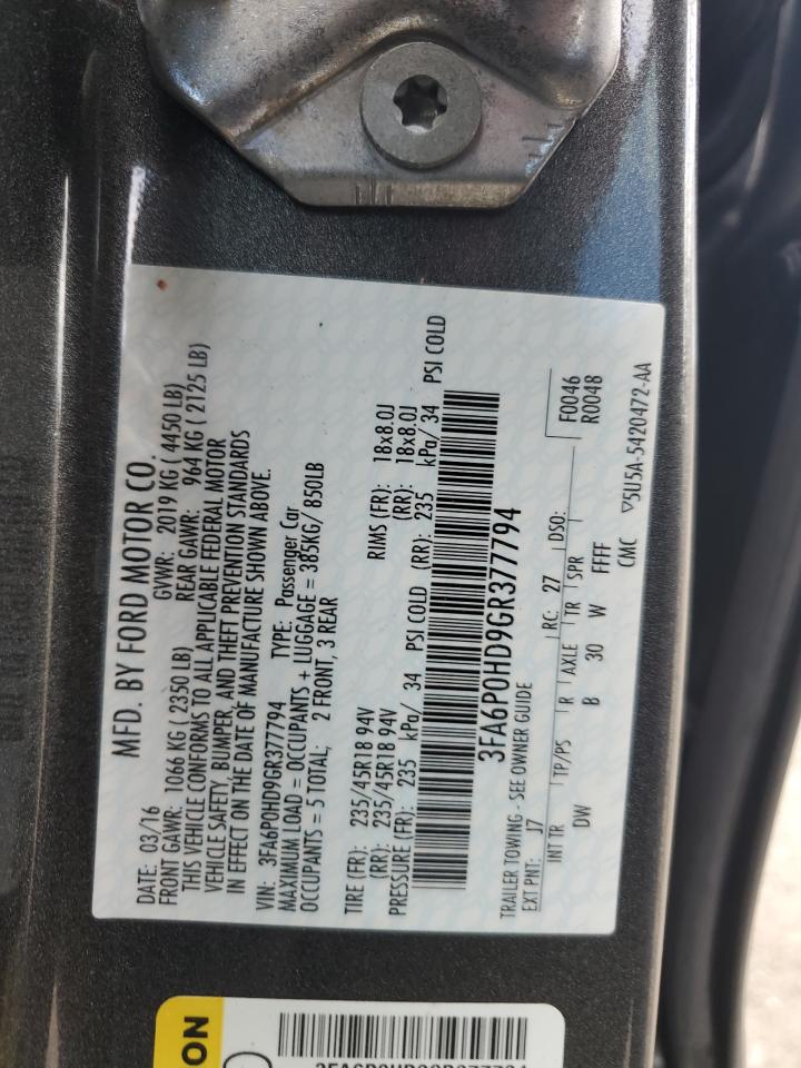 2016 Ford Fusion Se VIN: 3FA6P0HD9GR377794 Lot: 86153045