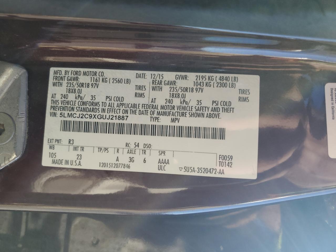 2016 Lincoln Mkc Select VIN: 5LMCJ2C9XGUJ21887 Lot: 86159235