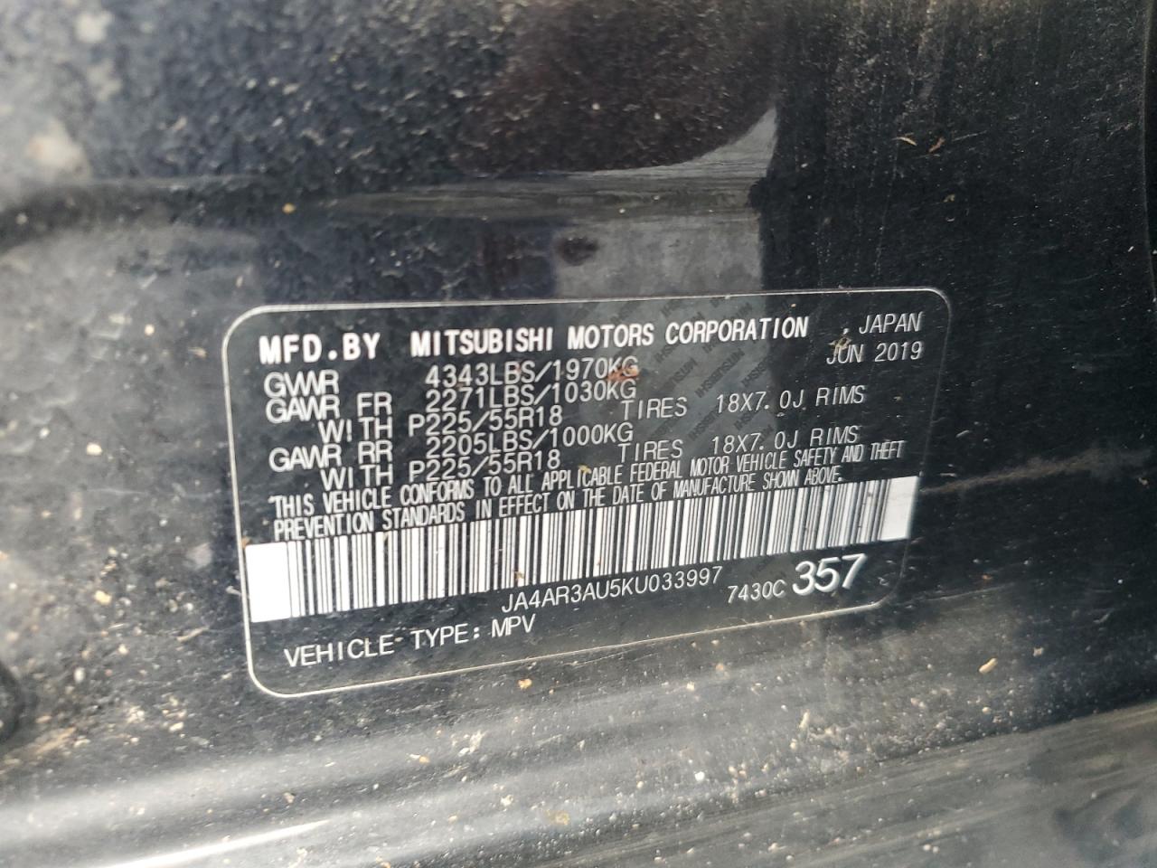 2019 Mitsubishi Outlander Sport Es VIN: JA4AR3AU5KU033997 Lot: 89790295