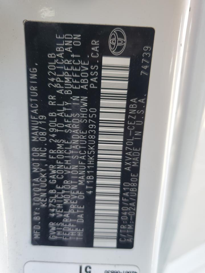 2019 Toyota Camry L VIN: 4T1B11HK5KU839750 Lot: 85708365