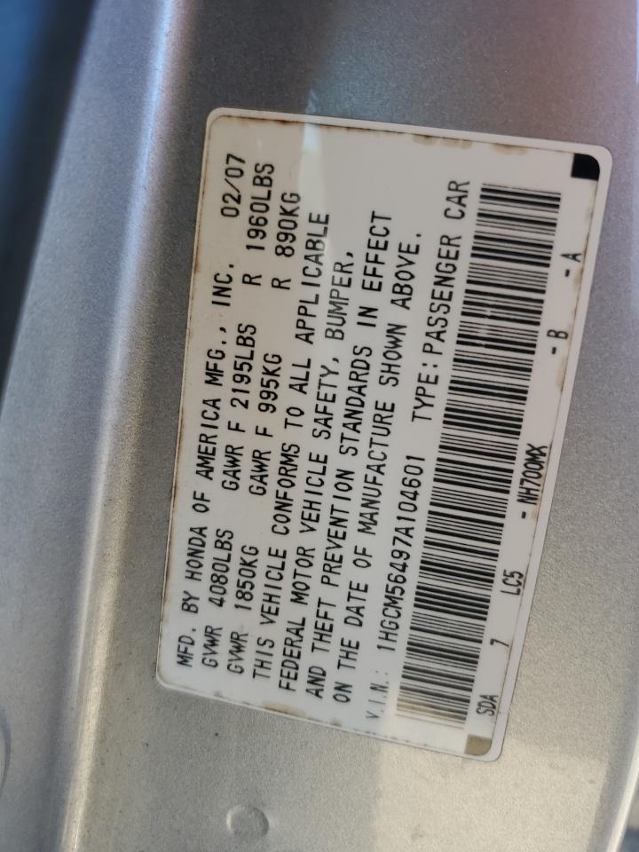 2007 Honda Accord Lx VIN: 1HGCM56497A104601 Lot: 86326505