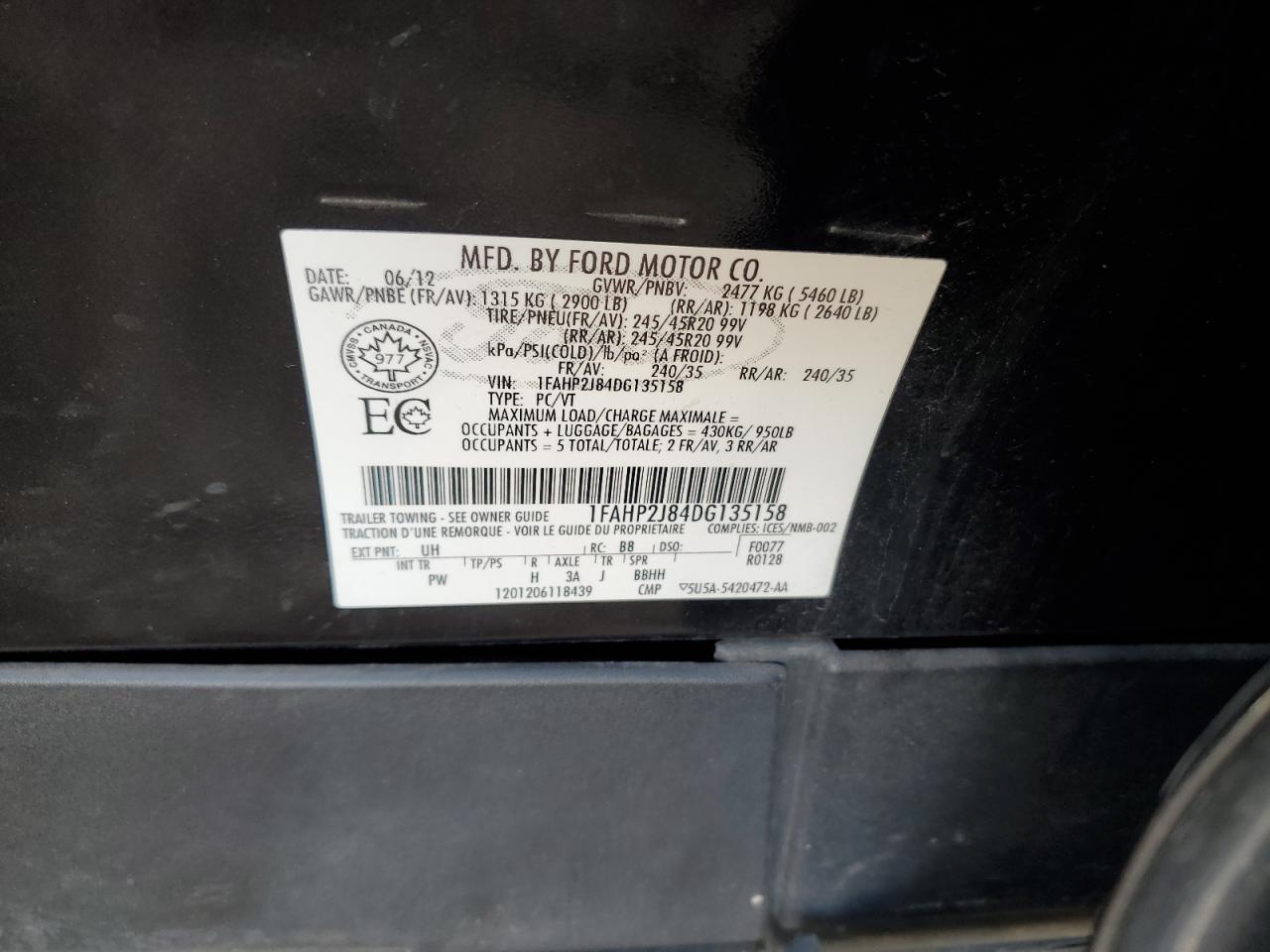 2013 Ford Taurus Limited VIN: 1FAHP2J84DG135158 Lot: 82724865