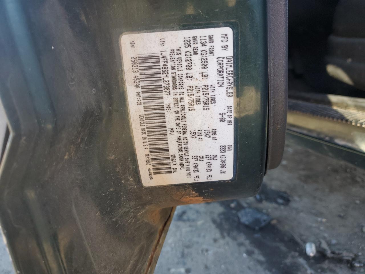 2000 Jeep Cherokee Sport VIN: 1J4FF48S2YL273077 Lot: 89565855