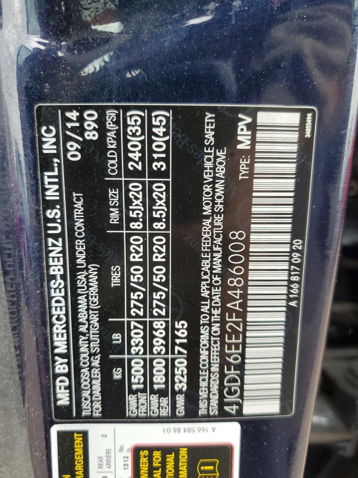 2015 Mercedes-Benz Gl 450 4Matic VIN: 4JGDF6EE2FA486008 Lot: 85600225