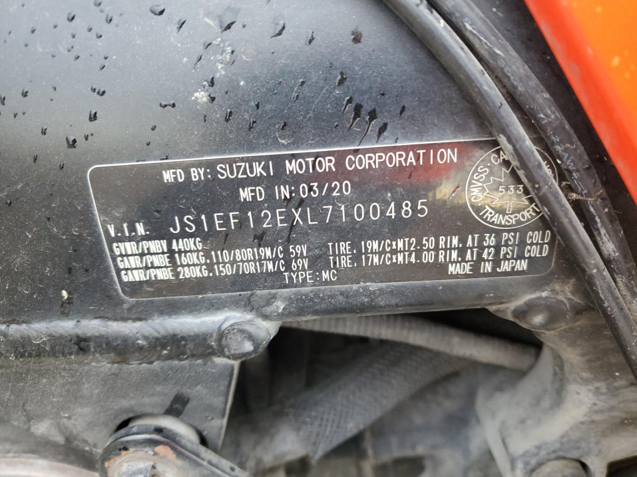 2020 Suzuki Dl1050 Rc VIN: JS1EF12EXL7100485 Lot: 87226595