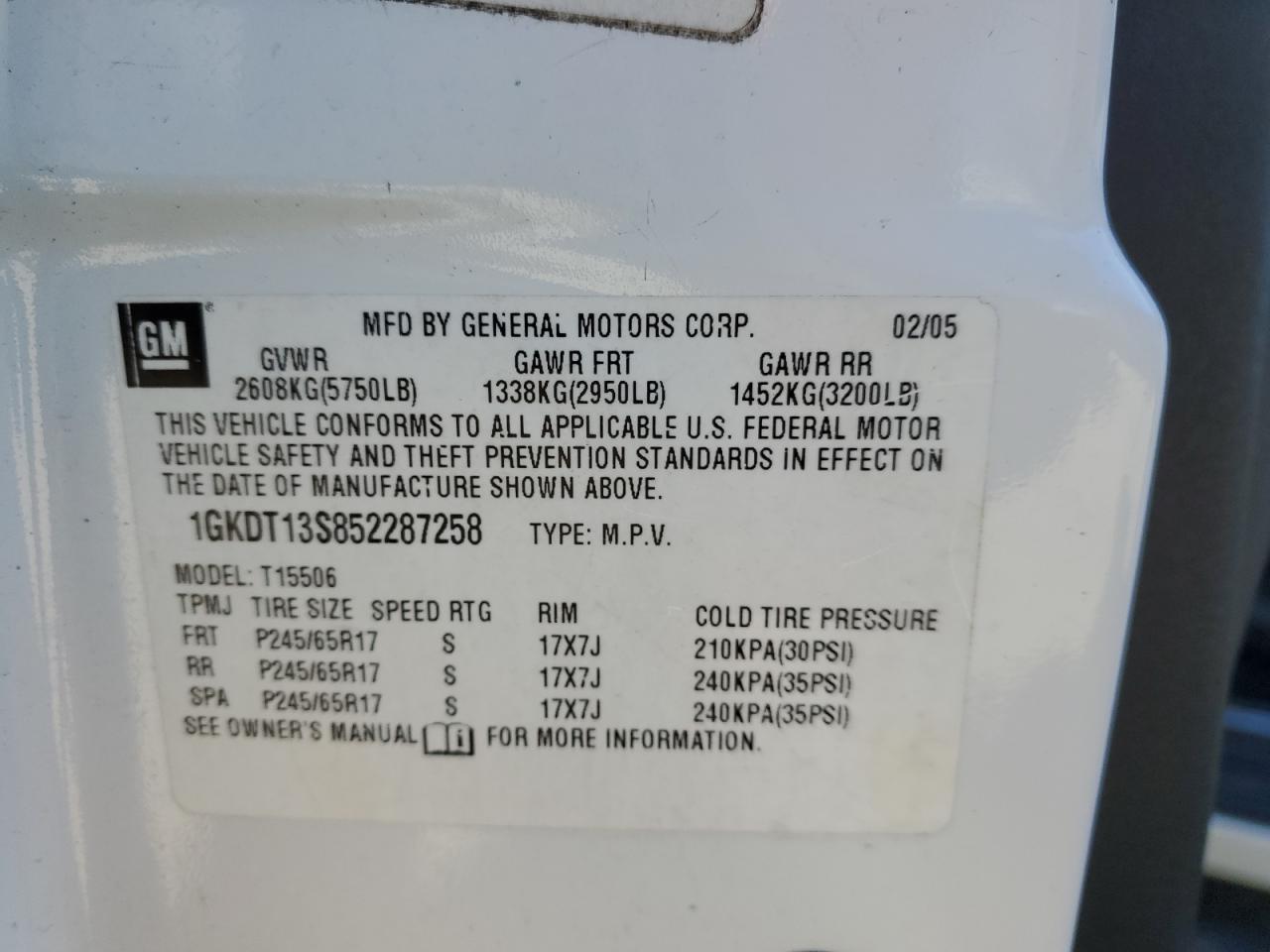 2005 GMC Envoy VIN: 1GKDT13S852287258 Lot: 90017465