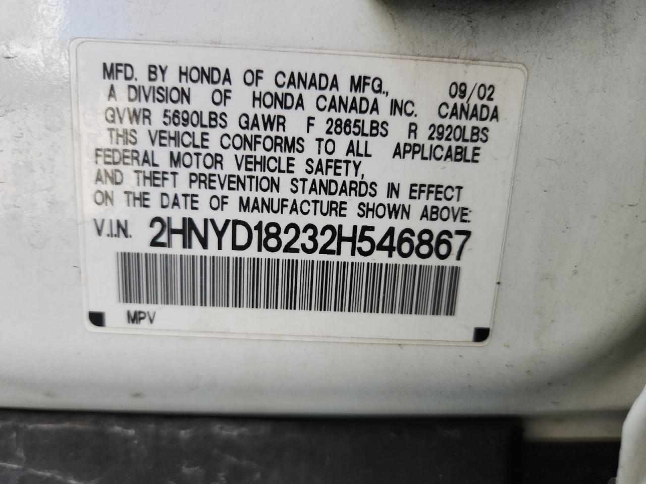 2002 Acura Mdx VIN: 2HNYD18232H546867 Lot: 87226325