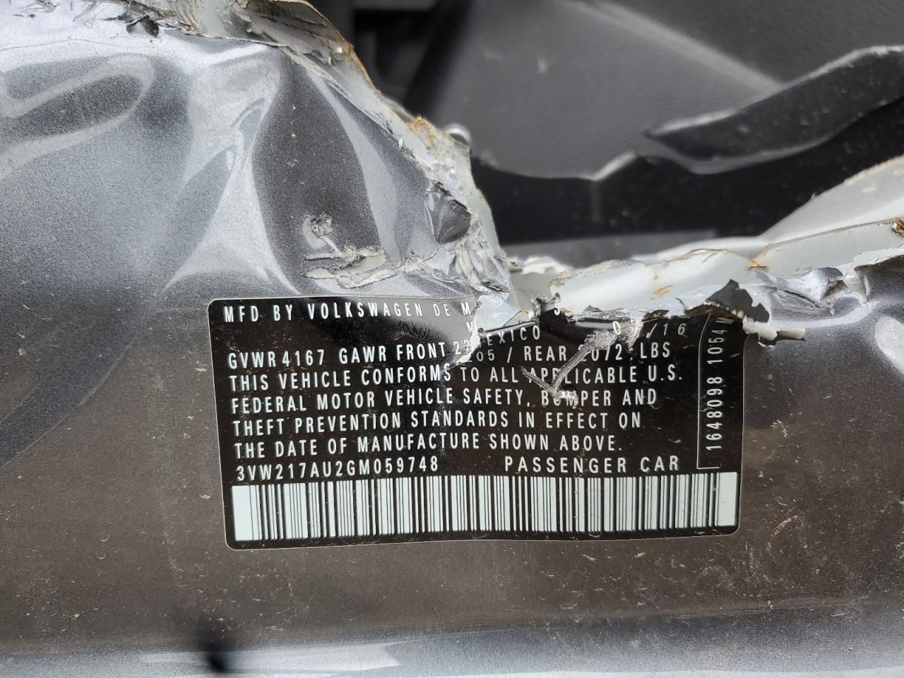 2016 Volkswagen Golf S/Se VIN: 3VW217AU2GM059748 Lot: 89673395