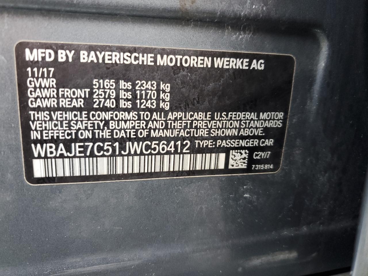 2018 BMW 540 Xi VIN: WBAJE7C51JWC56412 Lot: 86502475