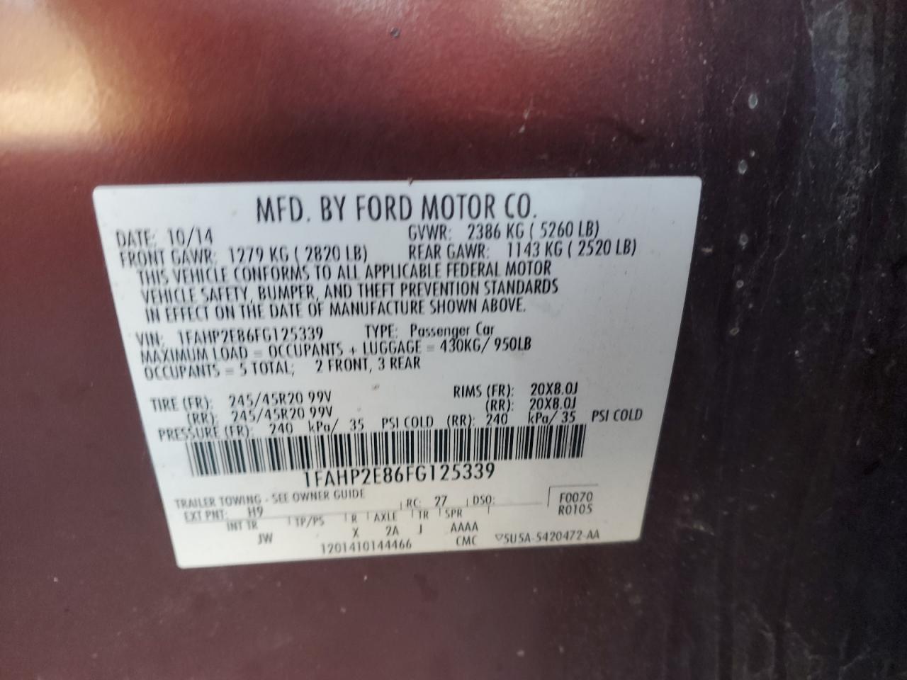 2015 Ford Taurus Sel VIN: 1FAHP2E86FG125339 Lot: 86692325