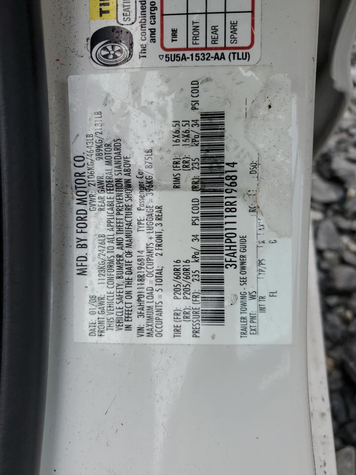 2008 Ford Fusion Se VIN: 3FAHP01118R196814 Lot: 86227255