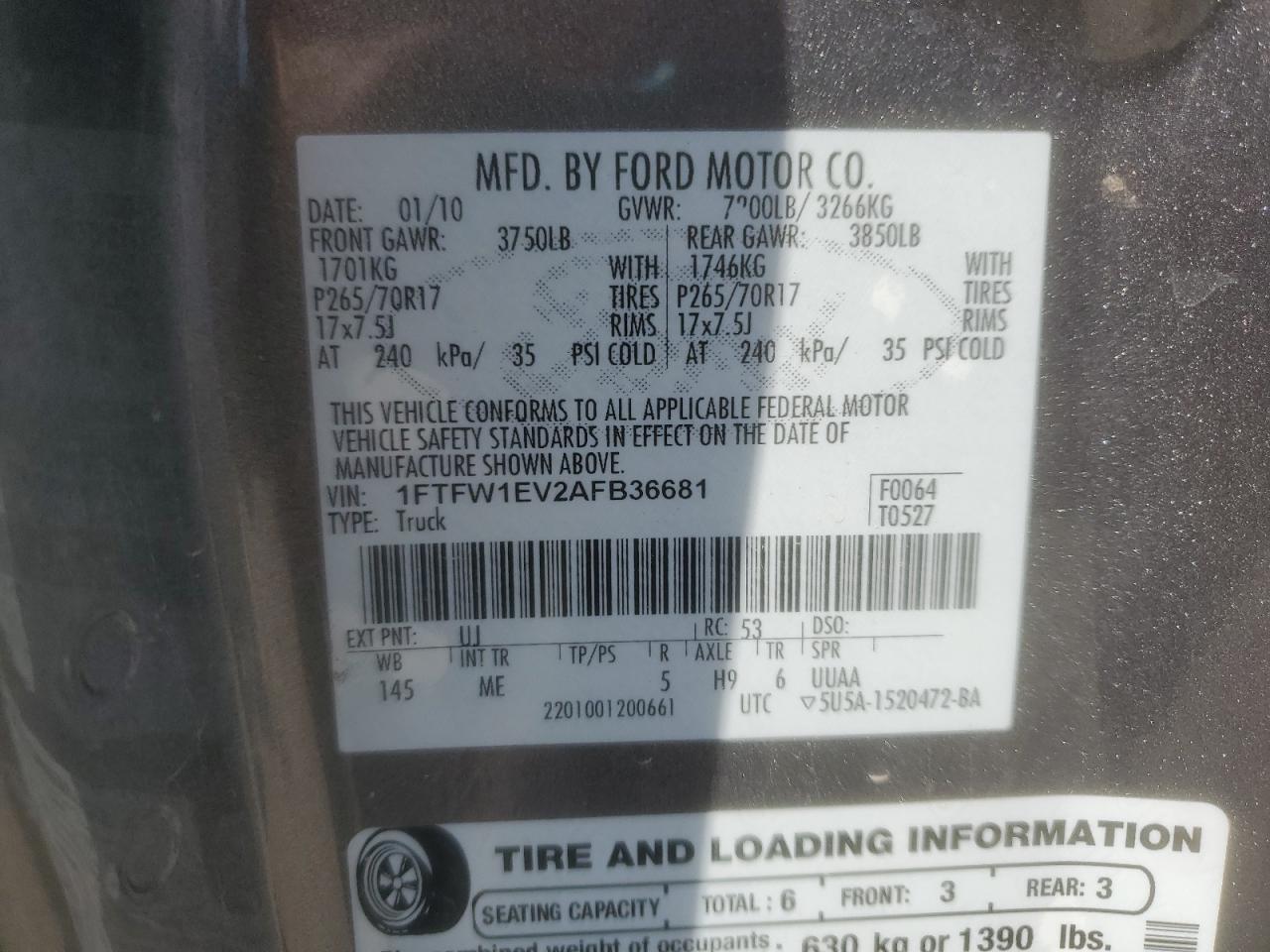 2010 Ford F150 Supercrew VIN: 1FTFW1EV2AFB36681 Lot: 86466325