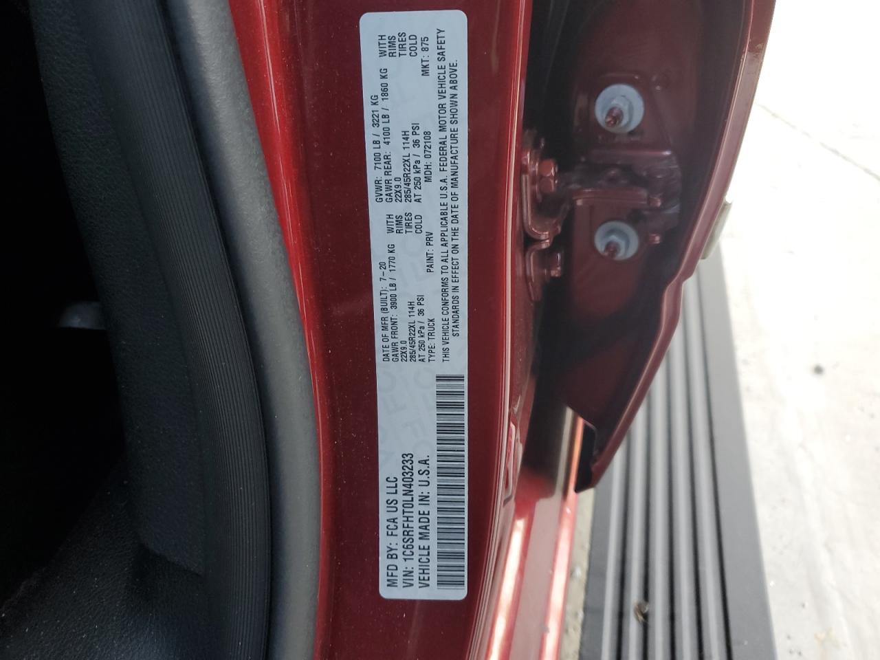 2020 Dodge 1500 Limit VIN: 1C6SRFHT0LN403233 Lot: 82338685