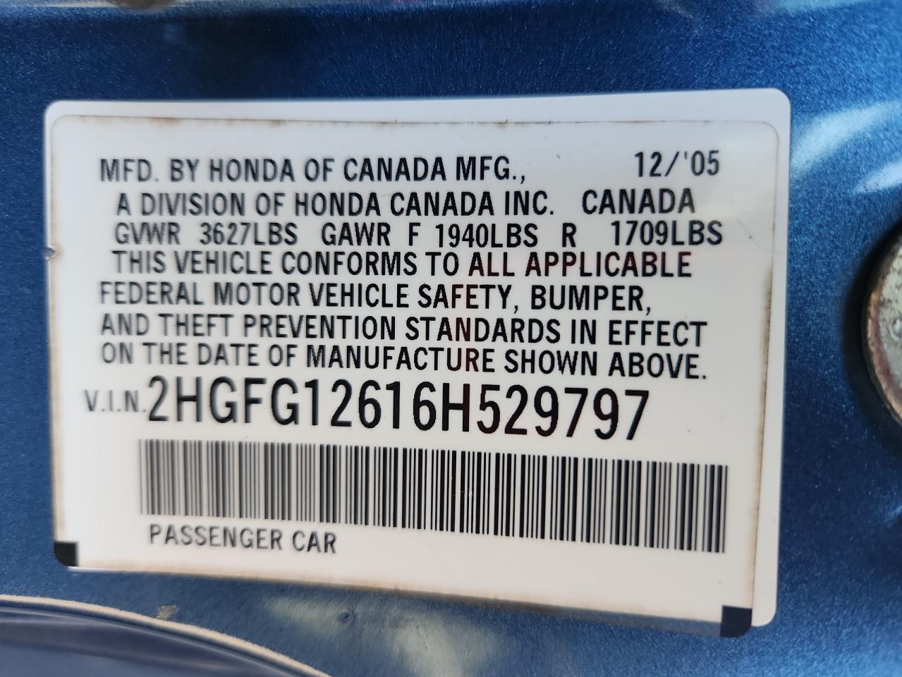 2006 Honda Civic Lx VIN: 2HGFG12616H529797 Lot: 82256355