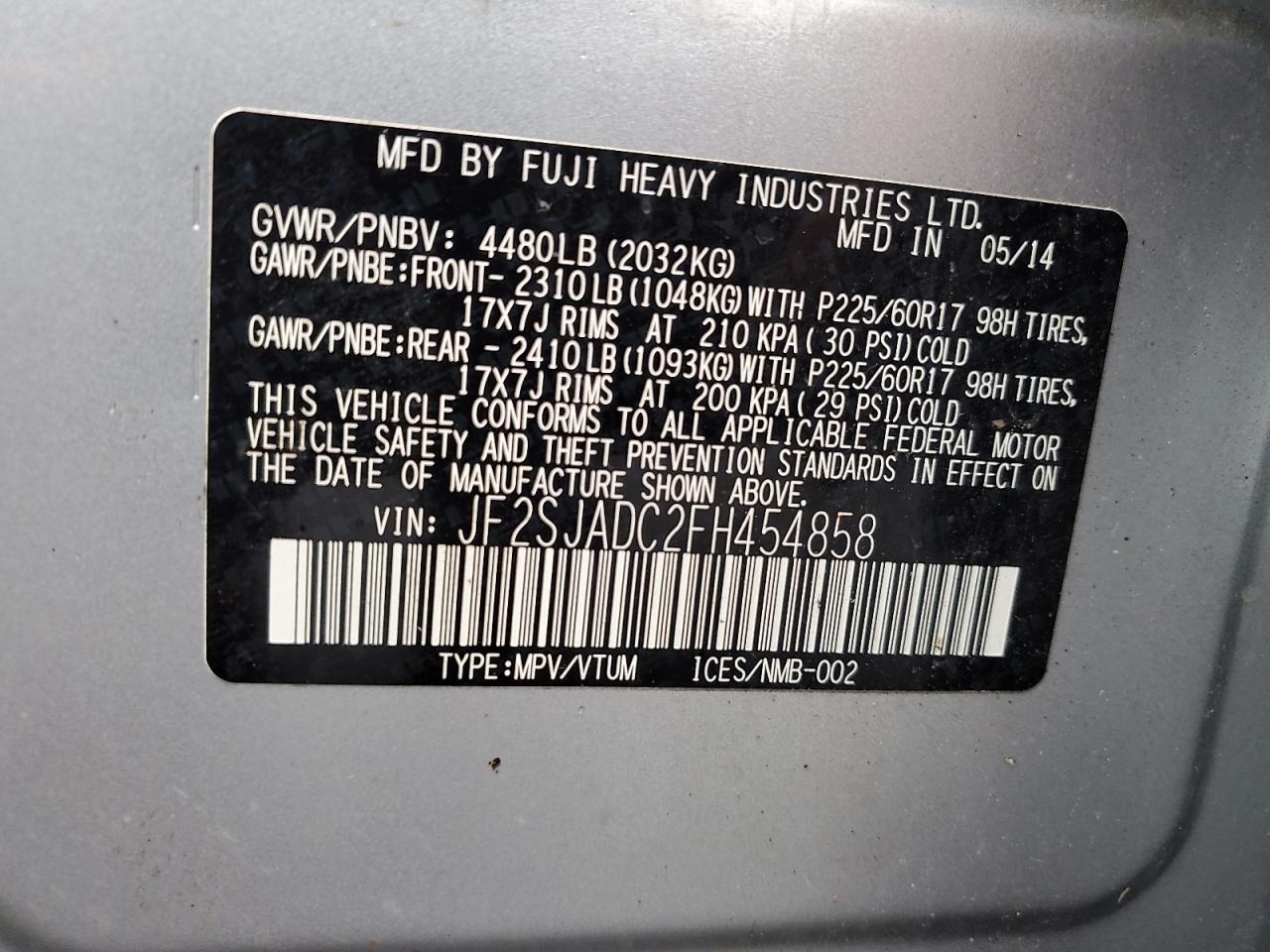 2015 Subaru Forester 2.5I Premium VIN: JF2SJADC2FH454858 Lot: 86330465