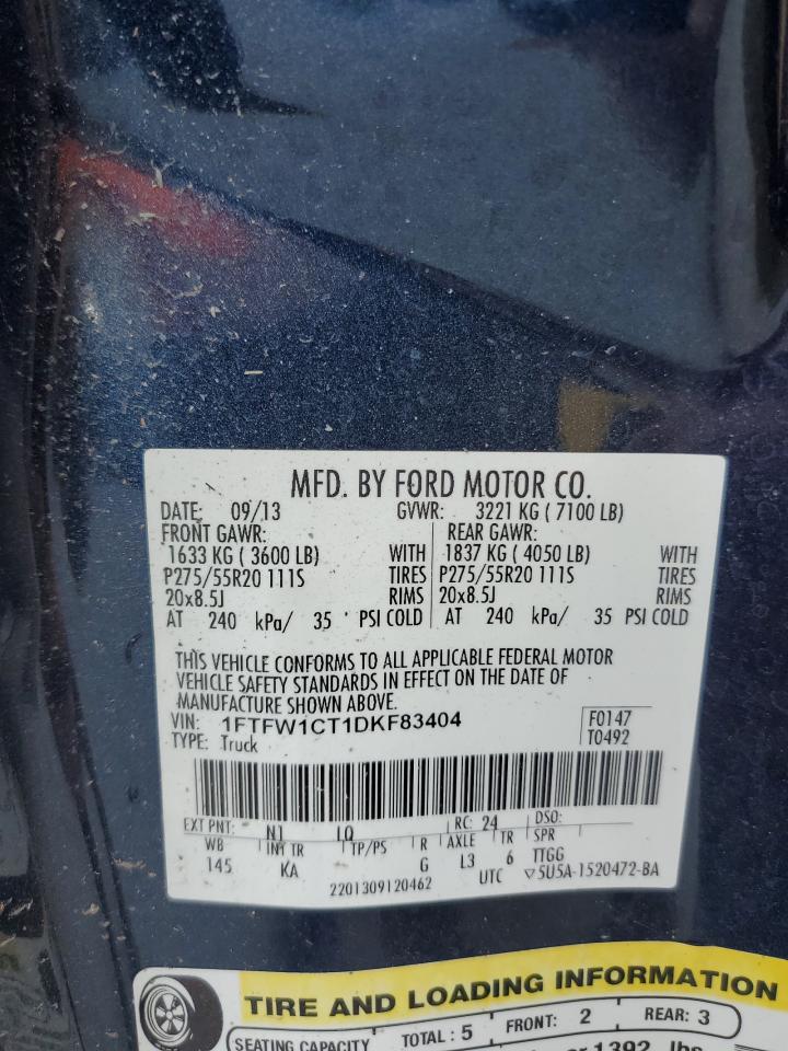 2013 Ford F150 Supercrew VIN: 1FTFW1CT1DKF83404 Lot: 84978905
