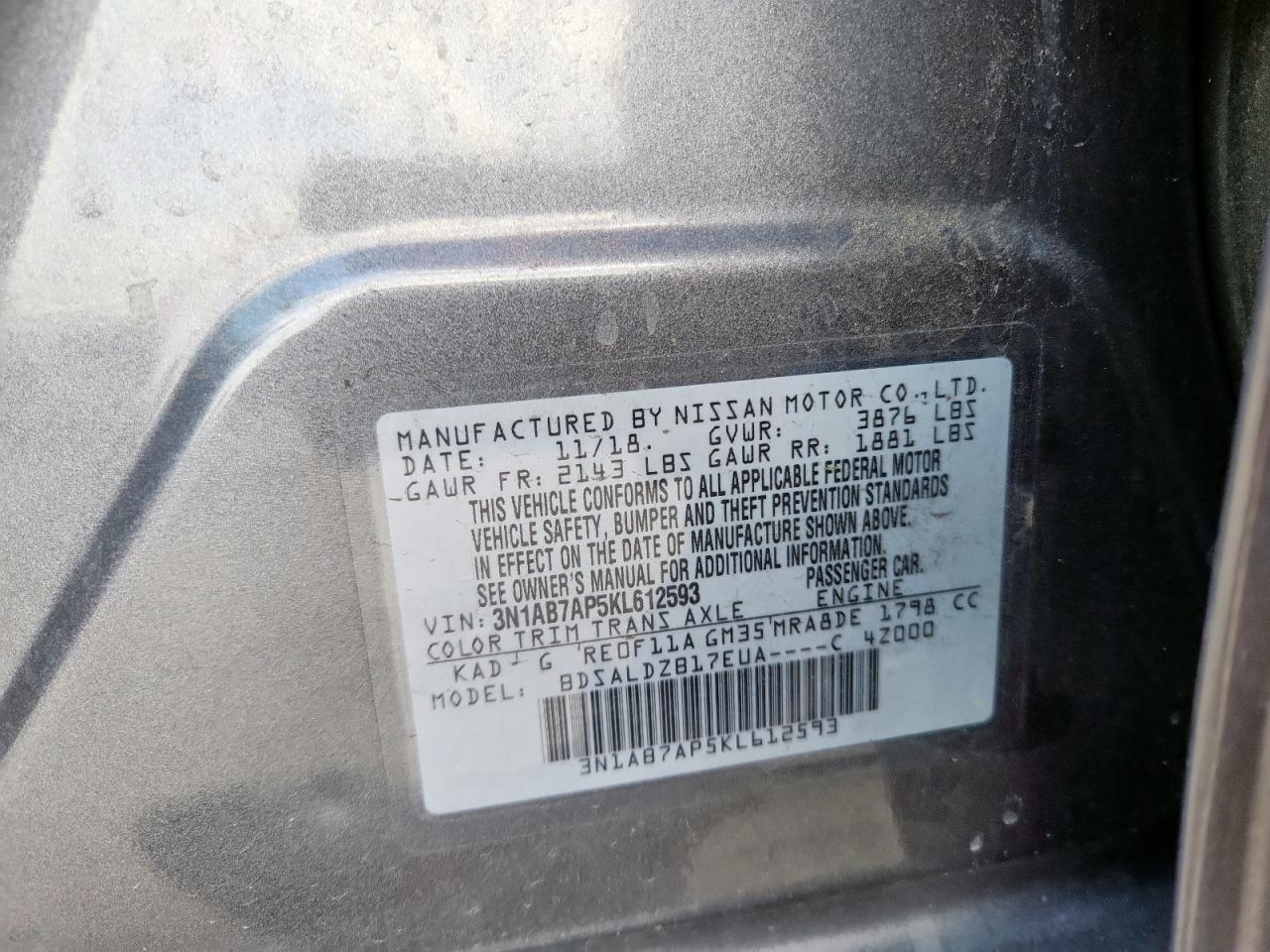 2019 Nissan Sentra S VIN: 3N1AB7AP5KL612593 Lot: 85006985