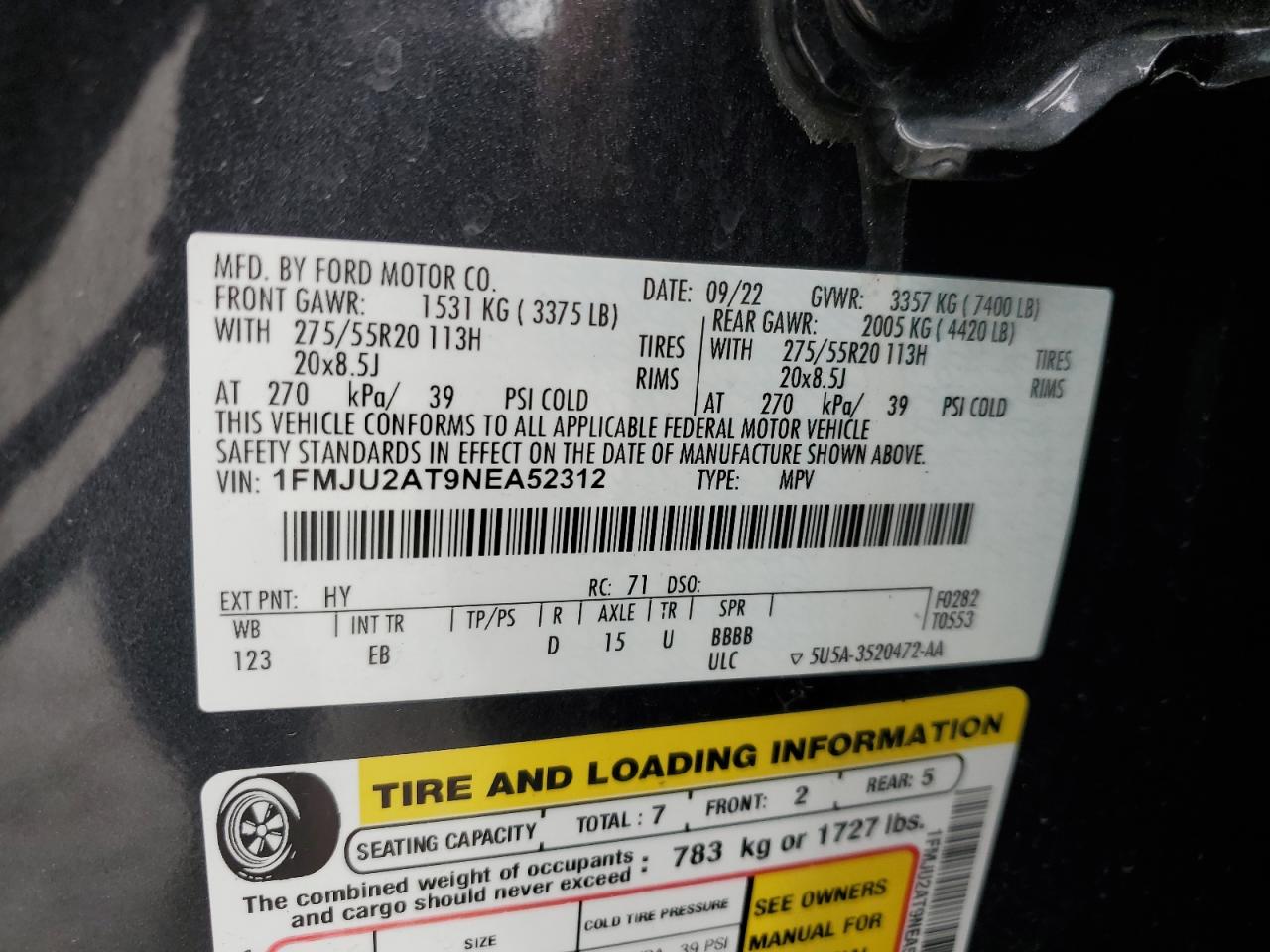 2022 Ford Expedition Limited VIN: 1FMJU2AT9NEA52312 Lot: 80855925