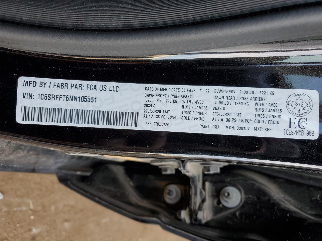 2022 Ram 1500 Big Horn/Lone Star VIN: 1C6SRFFT6NN105551 Lot: 87420965