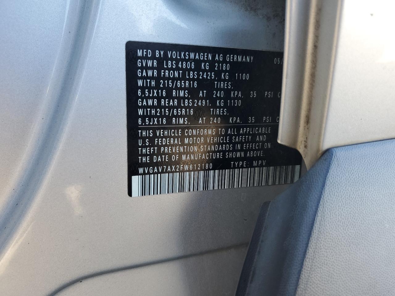 2015 Volkswagen Tiguan S VIN: WVGAV7AX2FW612180 Lot: 86243125