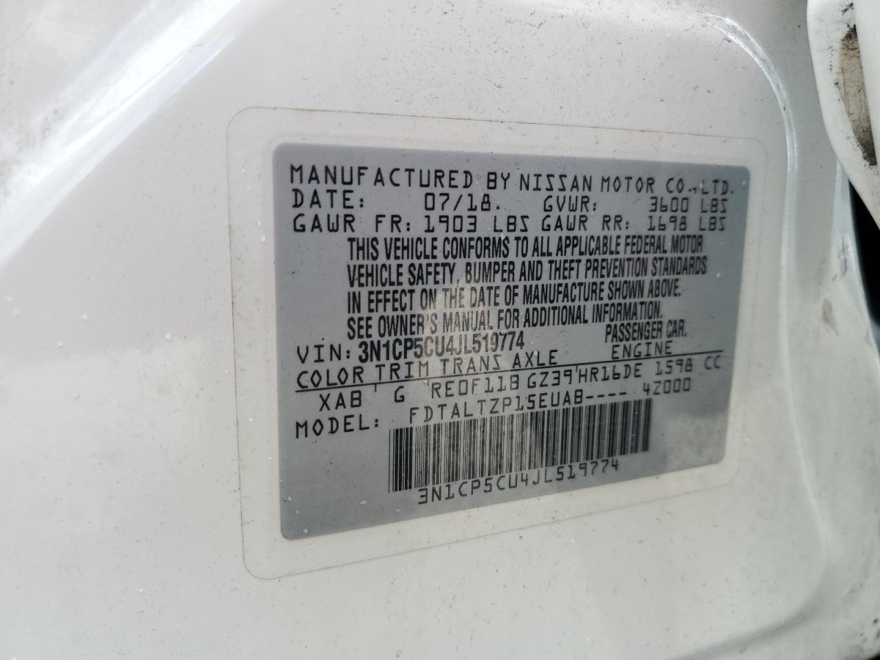 2018 Nissan Kicks S VIN: 3N1CP5CU4JL519774 Lot: 85547365