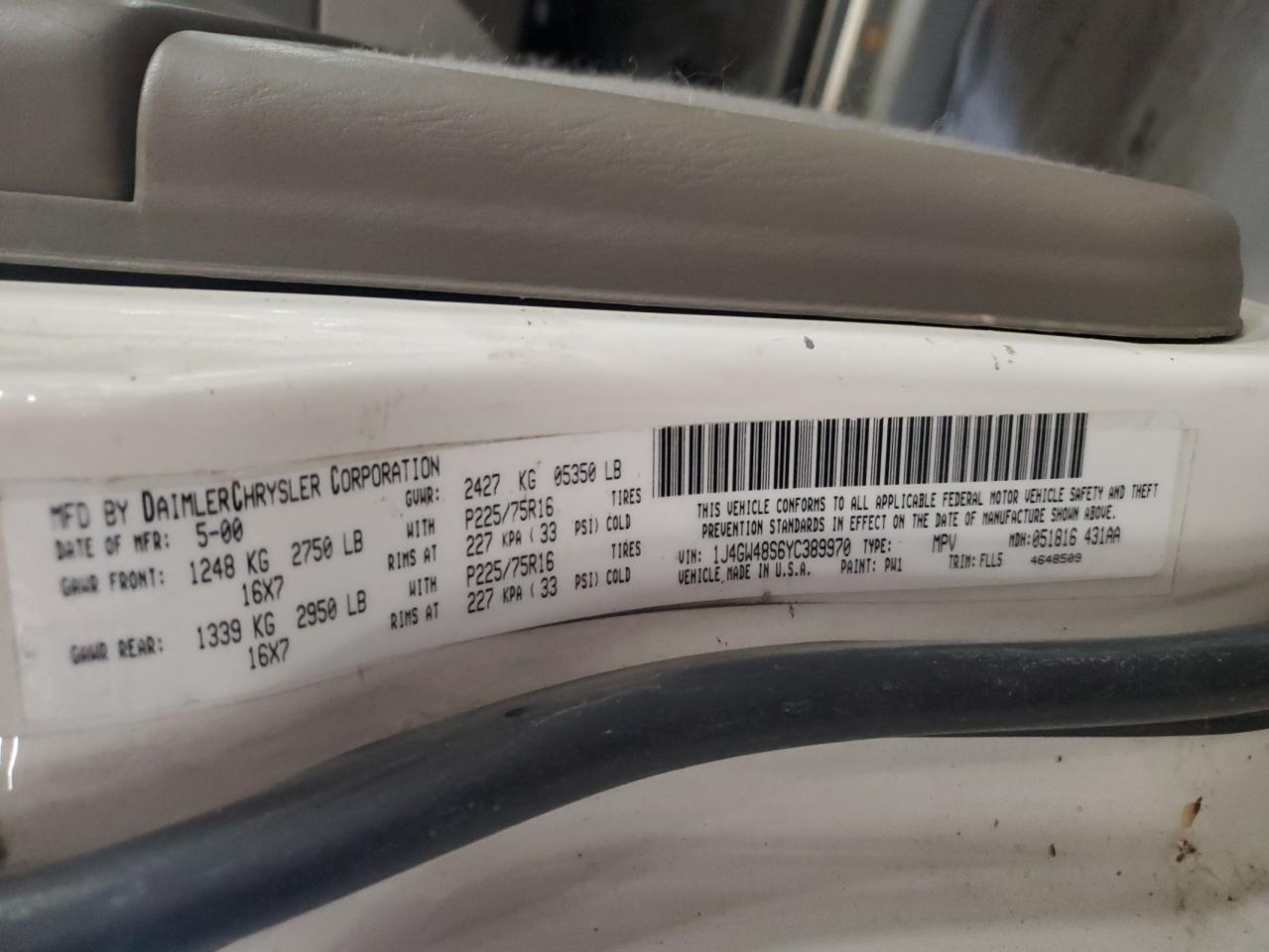 2000 Jeep Grand Cherokee Laredo VIN: 1J4GW48S6YC389970 Lot: 85765505