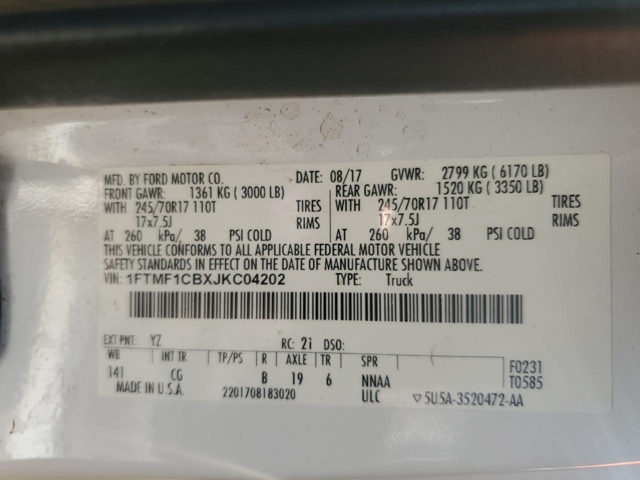 2018 Ford F150 VIN: 1FTMF1CBXJKC04202 Lot: 82525865