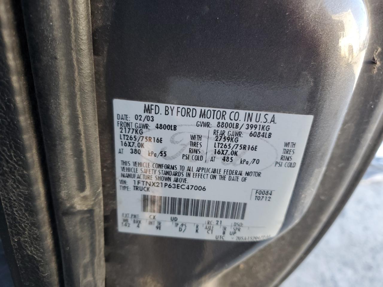 2003 Ford F250 Super Duty VIN: 1FTNX21P63EC47006 Lot: 85925375