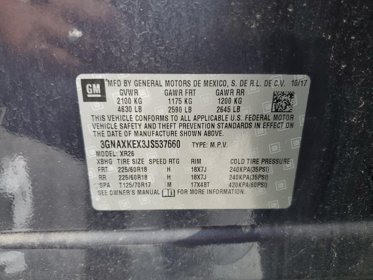 2018 Chevrolet Equinox Lt VIN: 3GNAXKEX3JS537660 Lot: 85479255